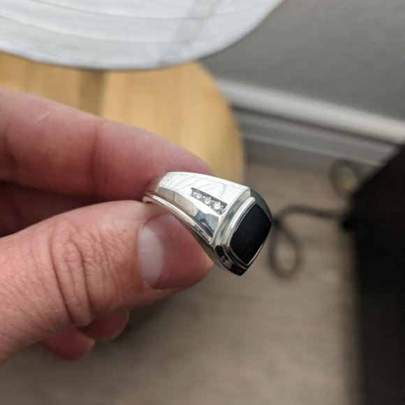 Men's Sterling Silver Onyx and Diamond Ring - Picture 4 of 7